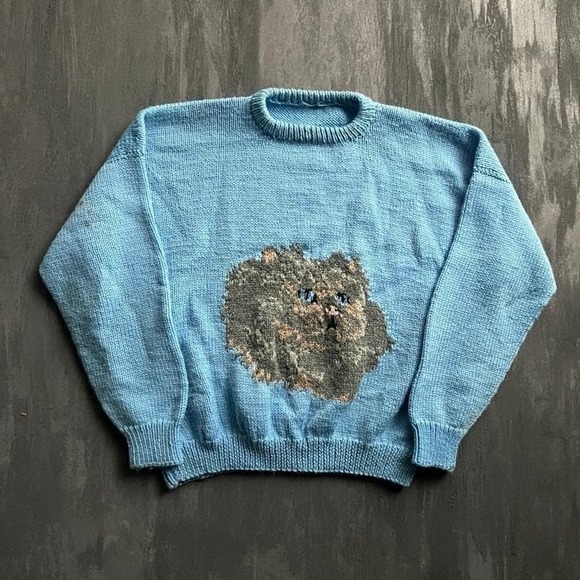 Vintage Other - Vintage Cat Sweater Medium Blue 1980s Hand Knit